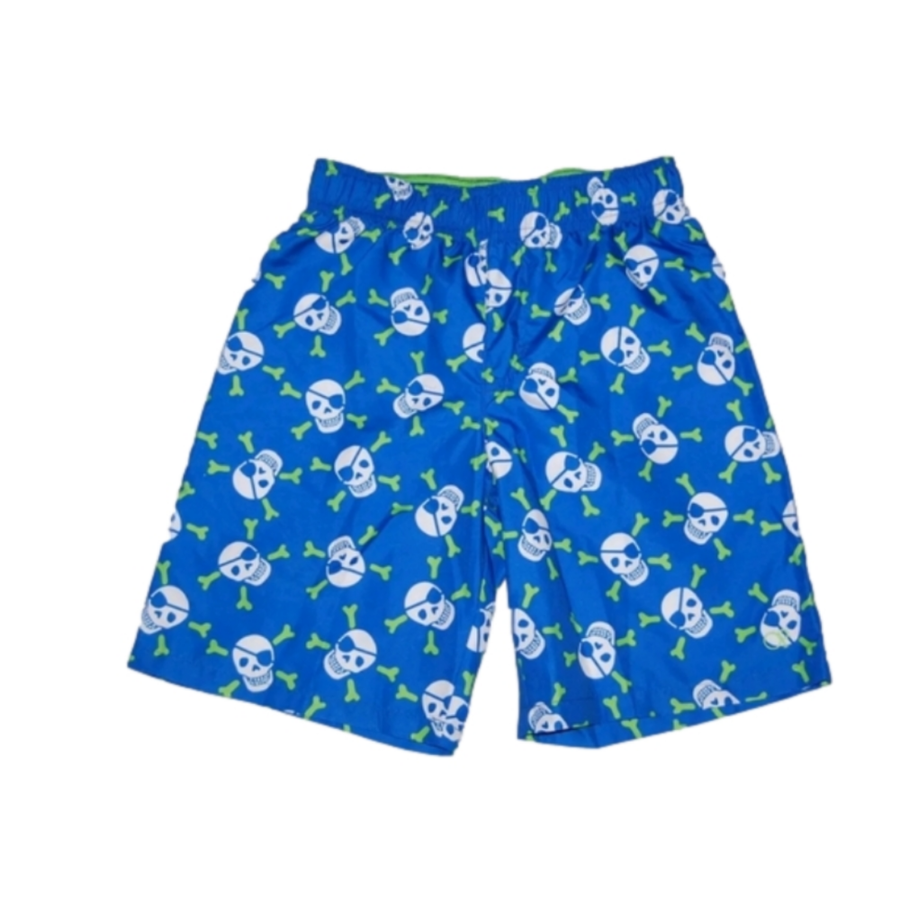 OP Ocean Pacific Boys Swim Trunks  Blue/Lime Green  Pirate Jolly Roger, 10/12